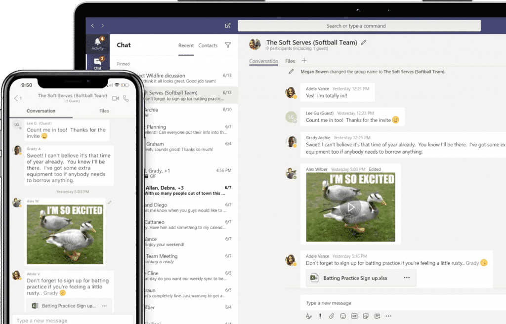 Een mobiel en Laptop met dezelfde Microsoft Teams chatten