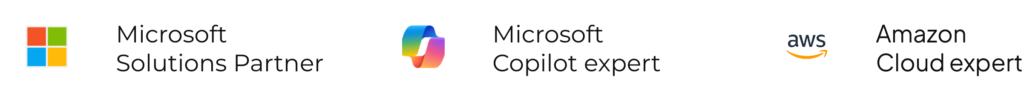 Een reeks logo's waaronder Microsoft Solutions Partner, Microsoft Copilot Expert en Amazon Cloud Expert.