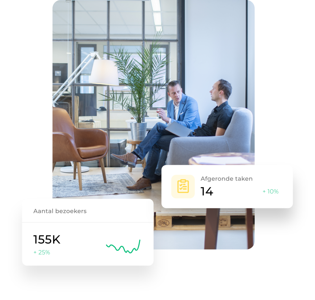 Twee professionals in een informele kantooromgeving in gesprek, met statistieken over bezoekersaantallen en taakvoltooiing.