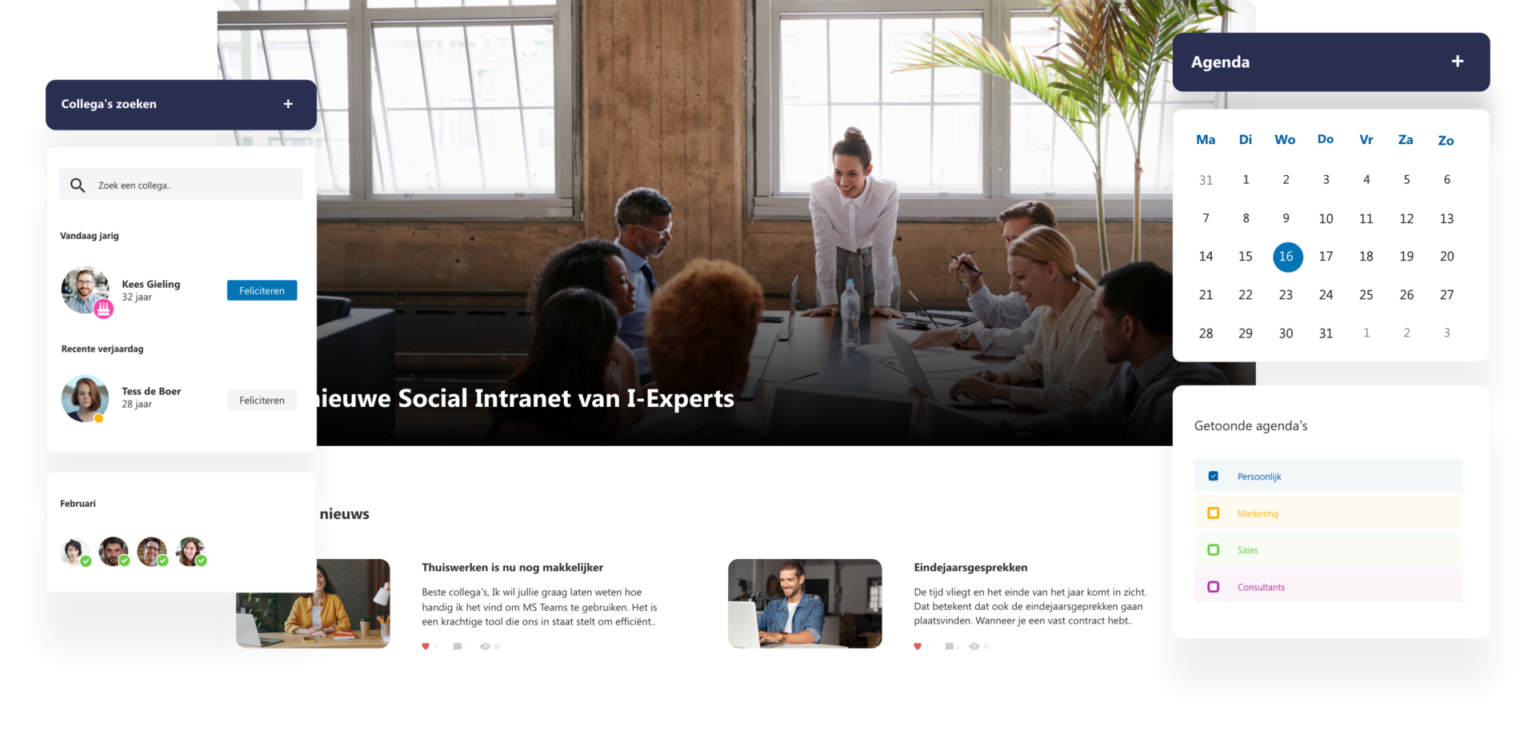 Interface van het sociale intranet van I-Experts met een agenda, nieuwsupdates en een zoekfunctie voor collega's.